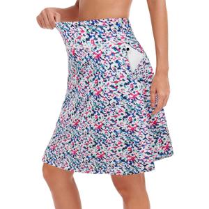 KORALHY 20" Knee Length Skorts Skirts for Women, High Waisted Tennis Athletic Skirt with Zipper Pocket (X-Large, Colorful Flowers)