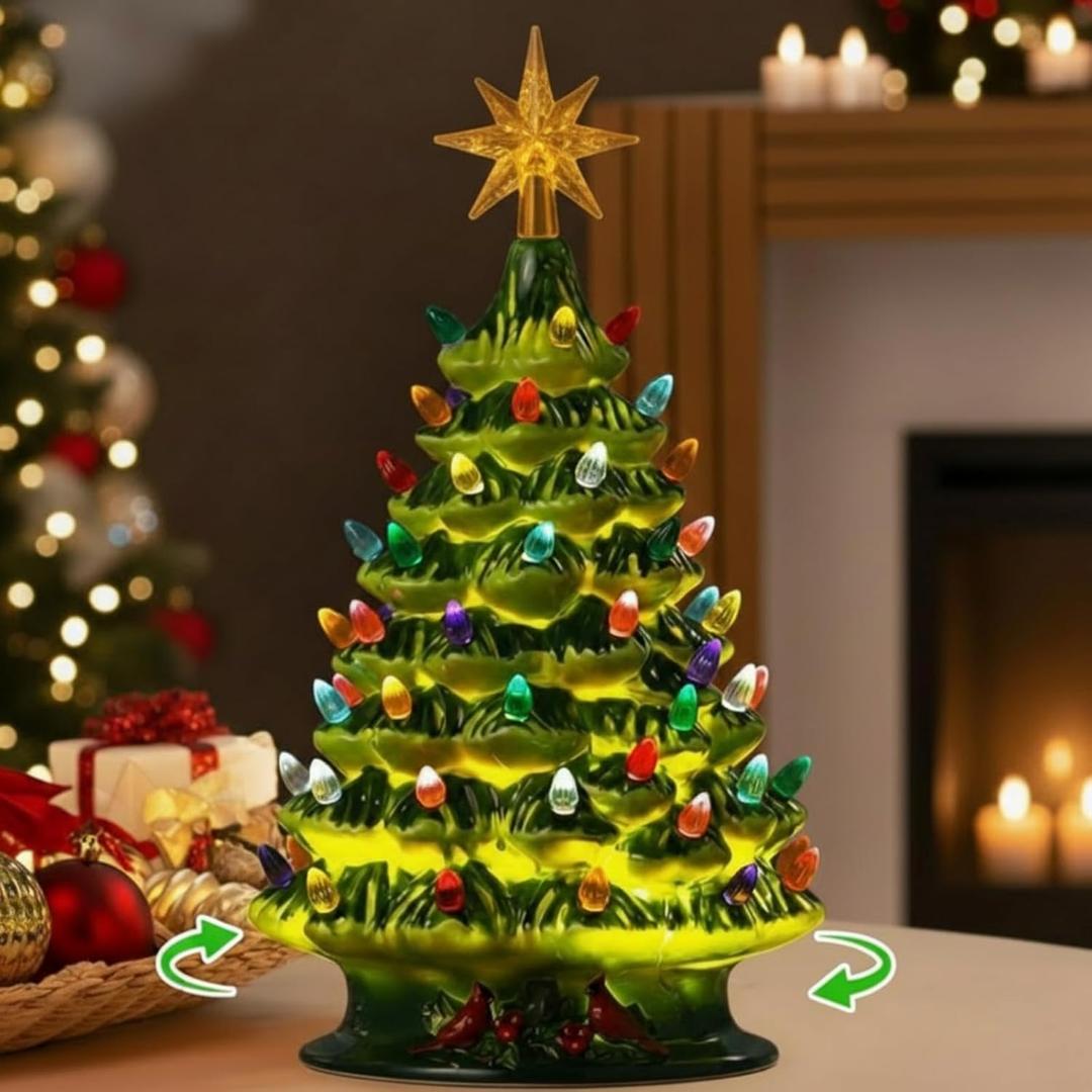 Rotating Ceramic Christmas Tree, Lighted up Christmas Tree with 64 Multicolor Lights & Star Topper, Pre-lit Hand-Painted Xmas Decor for Home Tabletop Kitchen, Xmas Gifts(Gold)