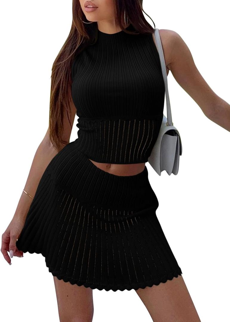 Saodimallsu Womens 2 Piece Skirt Sets Sleeveless Knit Crop Top Mini Skirt Summer Two Piece Outfits Sweater Sets (Black, S)