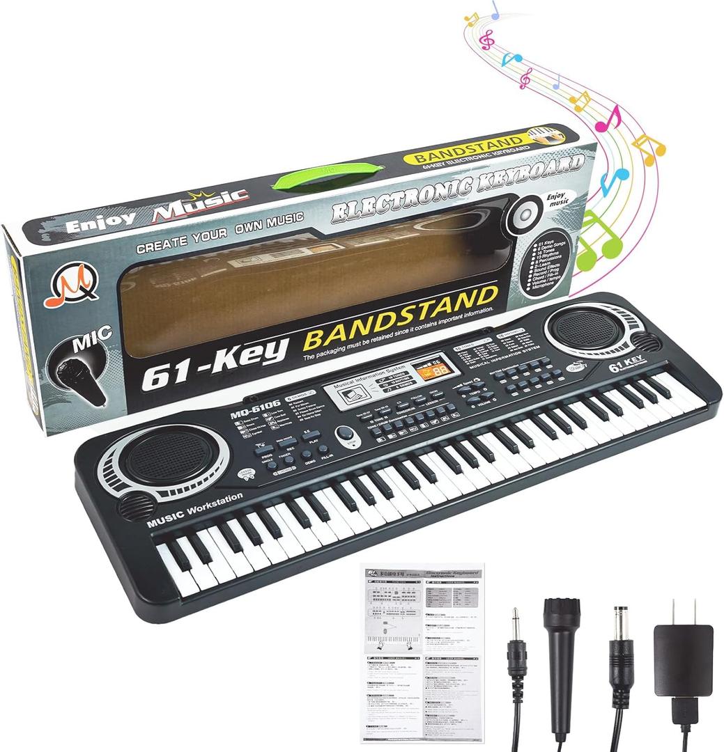 61 Key Piano Keyboard, Electronic Digital Piano for Kids Beginner with Microphone, 16 Tones, 6 Demos, 10 Rhythms, Recording, Keyboard Piano for Boys and Girls Christmas/Birthday Gift
