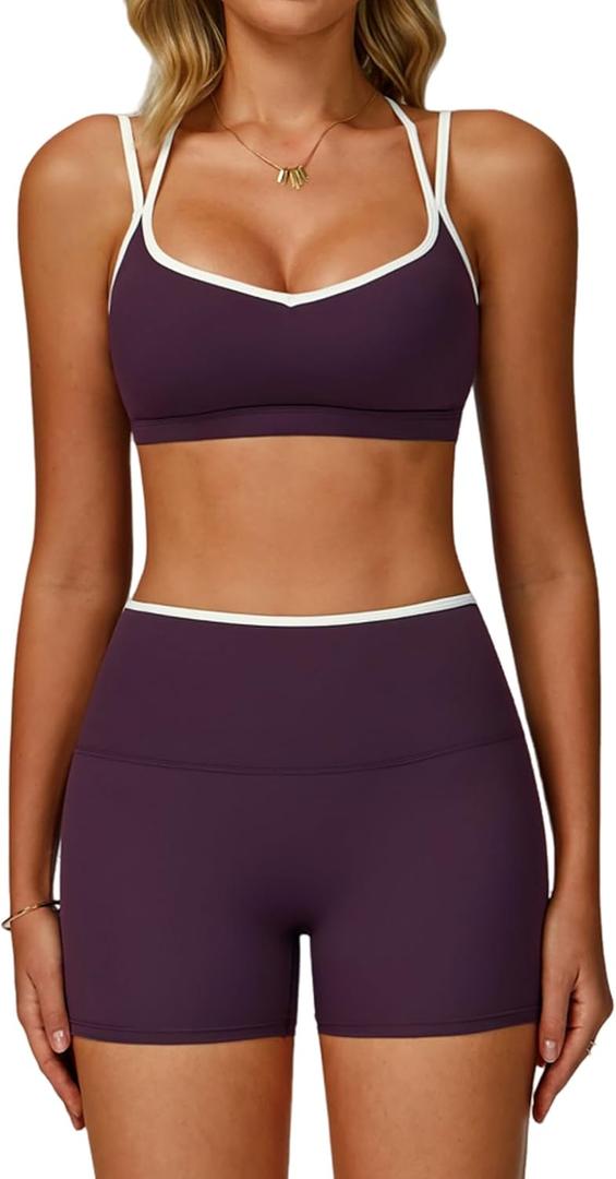 Two Piece Workout Sets For Women Sports Bra Matching High Waist Scrunch Butt Shorts Gym Yoga Athletic Clothes (Small, Colorblock Purple)