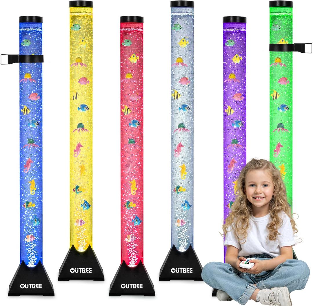 OUTREE 4FT Sensory Tube Lamp, Aquarium Bubble Fish Lamp with Remote Control, 20 Color Changing Effects, 12 Fish Accessories, Bubble Sensory Room, Night Light, Sensory Light for ADHD and Autism (Black)