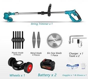 2 x Battery 6.0Ah Cordless Grass Trimmer Electric Weed Wacker with Wheels Grass Trimmer Kit, 48VF Blue Lawn Edger Mower Set Brush Cutter Li-ion Battery Operated for Garden Yard Pruning