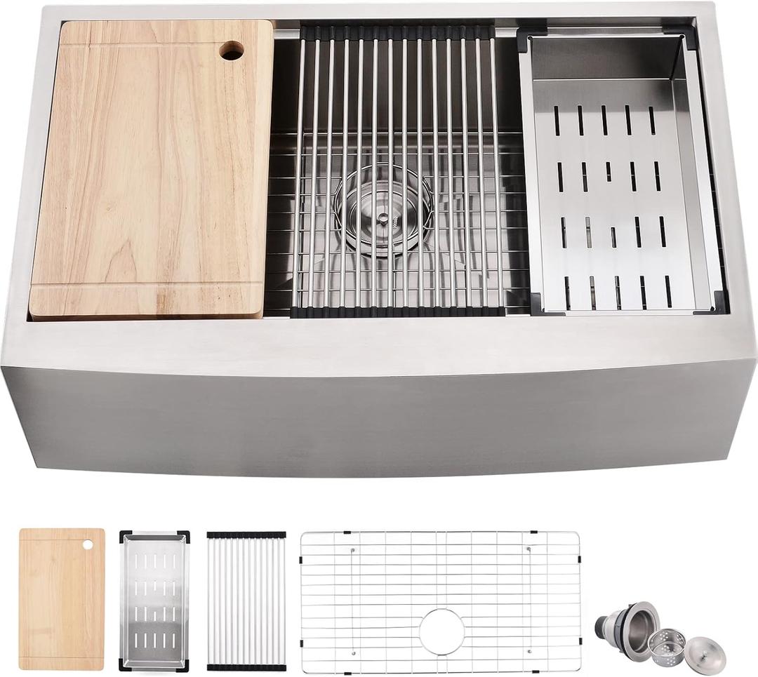 33 Inch Farmhouse Sink - Loftus Apron Front Kitchen Sink 16 Gauge Stainless Steel Workstation Ledge Deep Single Bowl Farm Sink with Accessories
