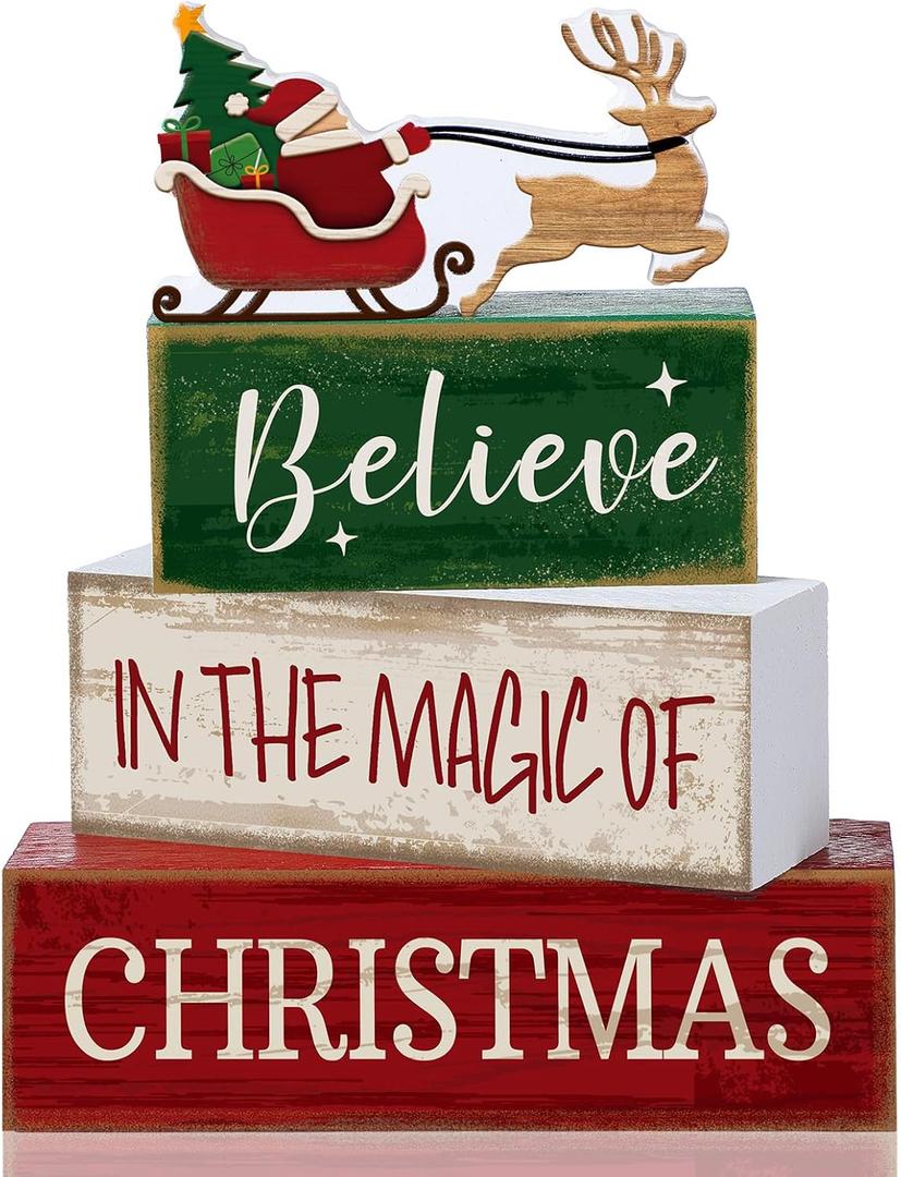 Lineshading 4 Pcs Christmas Table Decoration Wooden Santa Claus Decor Christmas Tiered Tray Decor Decorative Santa Claus Elk Block Sign Gift Farmhouse Xmas Table Centerpiece for Home Kitchen Shelf
