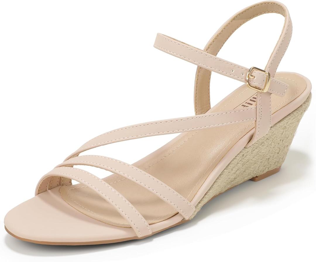 IDIFU IN2 Espadrille Wedge Sandals for Women Strappy Round Open Toe Wedge Heels Wedding Bridal Work Office Summer Beach Dress Sandals Comfortable Dressy Casual Cute Trendy Ankle Strap Low Heel Wedges (11, Nude Nubuck)