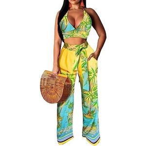 Elegant Two Piece Sets for Women Sexy Printing Halter Bandage Top Long Straight Pants Vacation Outfits Beach, L