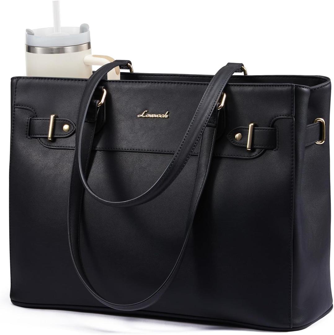LOVEVOOK Laptop Tote Bag for Women Work, Teacher Tote Bag with Large Cup Holder, Waterproof Leather Computer Bag