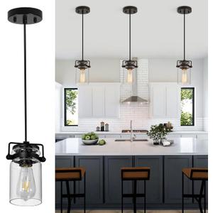 Pendant Lighting for Kitchen Island, Modern Glass Pendant Light Linear Chandelier for Dining Room, 1 Light Industrial Hanging Light Fixture Adjustable Cord Farmhouse Ceiling Light Black Finish