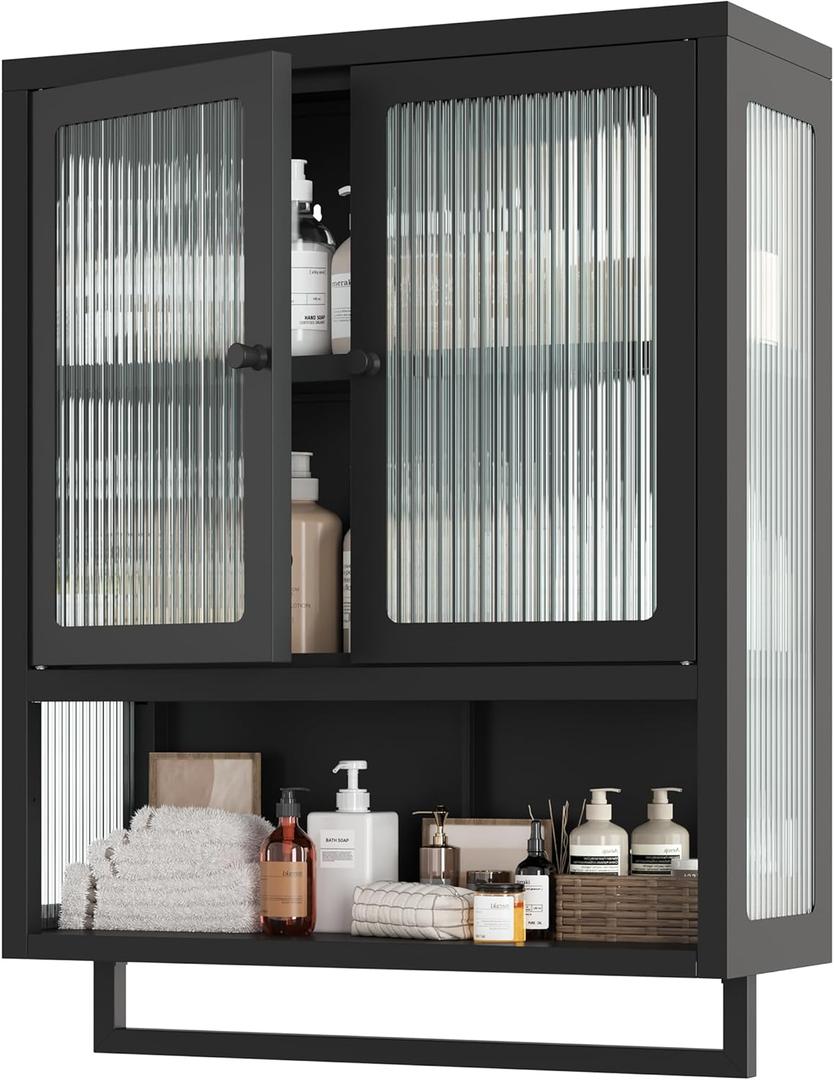 Bathroom Wall Cabinet, Over The Toilet Space Saver Storage Cabinet, Medicine Cabinet with 2 Glass Door and Towel Bar, Metal Wall Mounted Cabinet for Bathroom Laundry Room Kitchen (Upgraded Black)