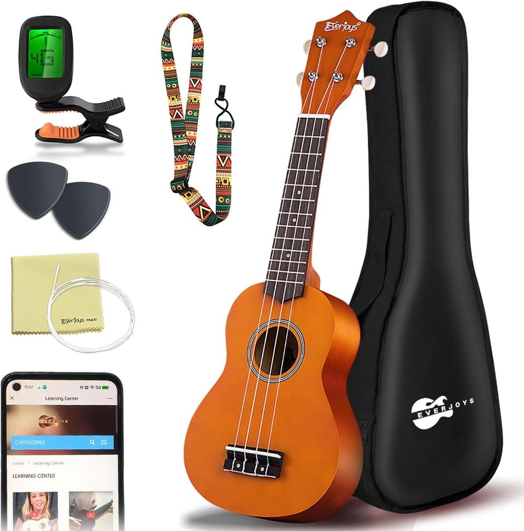 Everjoys Soprano Ukulele Beginner Kit 21 Inch w/Free Online Lesson Gig Bag Tuner Picks Strap, Fast to Learn (Honey)