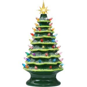 Lakumu 16.5" Table Top Christmas Tree, Hand Painted Resin Christmas Tree with Lights, Pre-lit Xmas Tree Decor Lighted Tabletop Decoration with Multicolored LED Bulbs, Ceramic-Like Finish (Green)