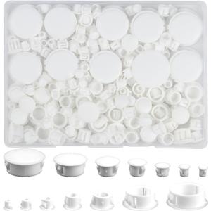 Plastic Hole Plugs, 180pcs White Panel Knockout Locking Plugs, Round Drill Screw Hole Plugs Covers for Kitchen Cabinet Furniture Insert End Caps, 1"" 3/4"" 1/2"" 3/8"" 5/16"" 1/4"" 1/5"", Mixed (Mixed, B-white)