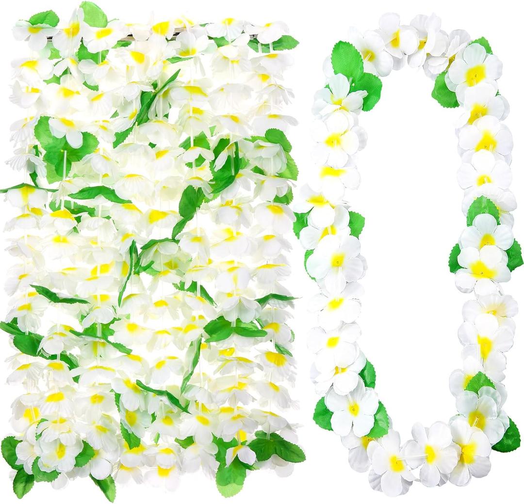 Hoteam 24 Counts Yellow White Hawaiian Leis Necklace Tropical Flower Lei Floral Luau Party Decorations Hawaiian Flower Luau Necklaces Hula Dance Garland Headbands for Beach Birthday Wedding Party