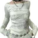 Grunge Off Shoulder Tops Women Long Sleeve Fitted 2000s Goth Emo Music Shirt Teen Girls Vintage Y2k Graphic Tee (Small, White)