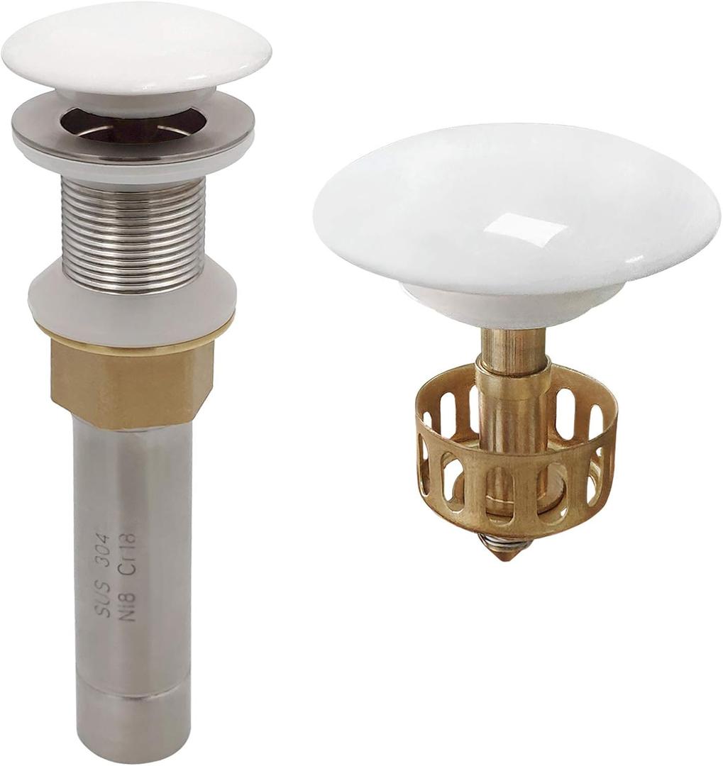Vessel Sink Drain Without Overflow, White Pop-Up Drain with Basket Stopper, Bathroom Vanity Ceramic Brass Strainer Hair Catcher, Anti-Clogging Brushed Nickel, Porcelain Cap