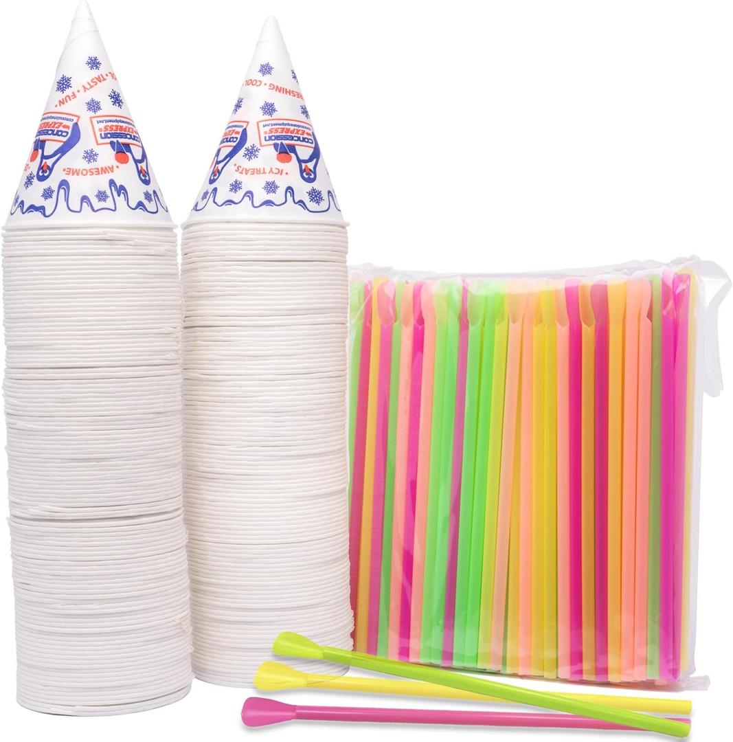 200 Snow Cone Cups 6 Oz and 200 Spoon Straws