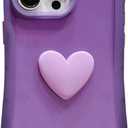 for iPhone 15 Pro Case 6.1" Cute 3D Love Heart Kawaii Cat Ear Clear Transparent Soft Silicone Shockproof Protective Arc Edge Bumper Phone Cover for Women (Purple)