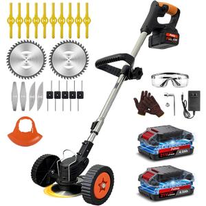 Cordless Electric Weed Wacker with Wheels, 3-in-1 Lightweight Weed Eater/Brush Cutter/Grass Trimmer Battery Powered, Includes 21V 24.0Ah Batteries, 5 Types Blade & Charger, for Lawn Yard Garden