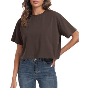 PRIMODA Women's Oversized Workout Cropped T Shirts Crew Neck Short Sleeve Casual Loose Summer Crop Tee Tops Cotton (Brown) S
