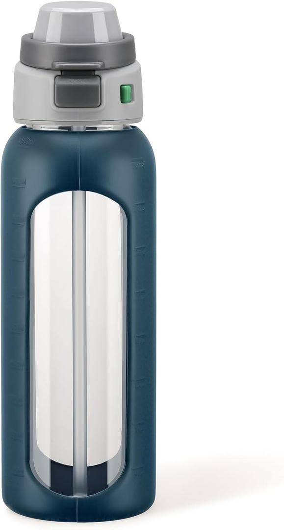 MUKOKO 2-in-1 Borosilicate Glass Water Bottle with Straw for Sports and Travel, 32oz Drinking Bottle with Silicone Sleeve, BPA Free, Leak Proof, Dark Blue