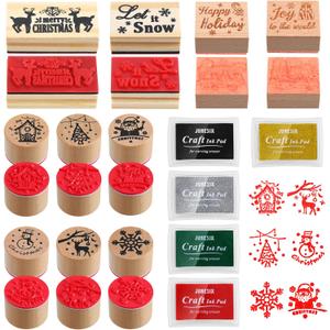 Woanger 15 Pieces Christmas Wooden Rubber Stamps and Craft Ink Pads Wooden Rubber Stamp for Scrapbooking and DIY Craft Card Wood Fabric Christmas Holiday
