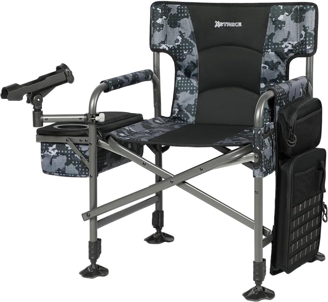 X Strike Fishing Chairs with Rod Holder, Folding Ice Fishing Chair for Adults Outdoor Camping Chair Leg Adjustable with Cooler Bag and Storage Bag for Ice Fishing, Camp, Lawn, Patio, Garden (Camouflage)