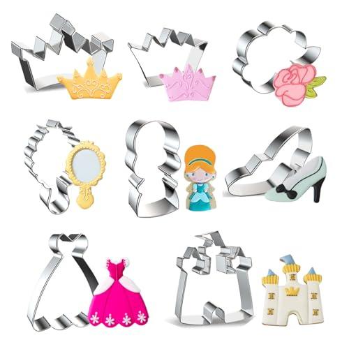 8 Pieces Princess Cookie Cutter Set, Crown, Dress, Rose, Mirror, Princess, High Heel, Castle Shapes Biscuit Molds Stainless Steel Fondant Cutters for Girls Princess Fairy Party Baking