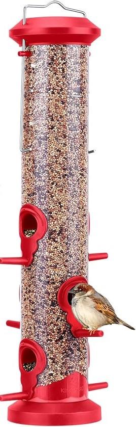 Kingsyard Tube Bird Feeders for Outdoors Hanging, Premium Hard Plastic Bird Feeder with 6 Feeding Ports, Weatherproof & Steel Hanger, Attracting for Wild Birds (Red)