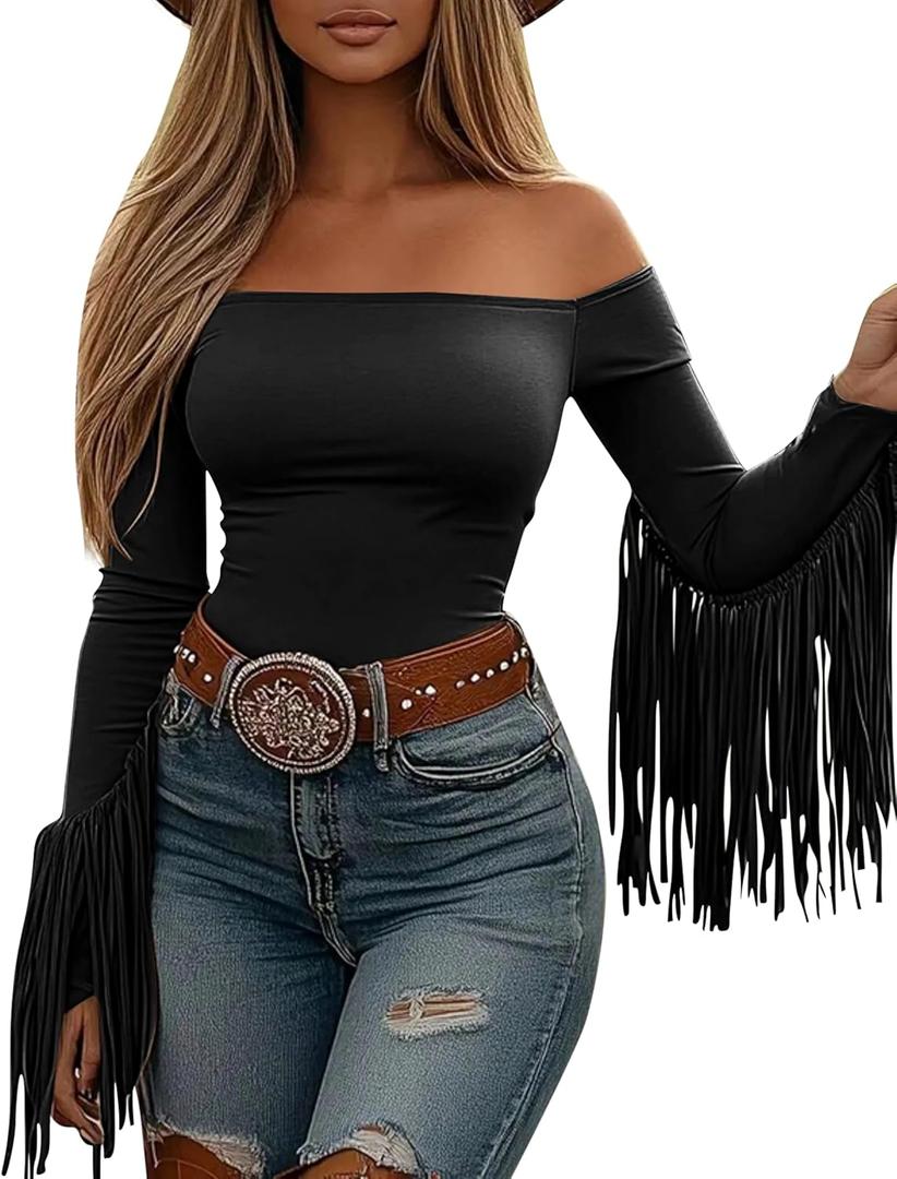 Fringe Tops for Women Western Cowgirl Off The Shoulder Fall Long Sleeve with Tassels Stretchy Crop Shirts Blouses (Black, XXL)