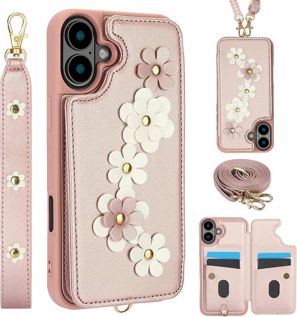 for iPhone 16 Wallet Case, Magnetic Snap Flip Leather Cover with Flower Design Credit Card Holder Stand Wristband，iPhone 16 Protective Phone Case for Women