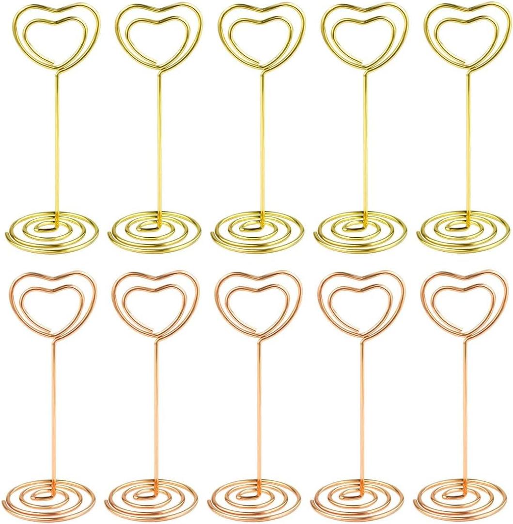 10 Pcs Heart Shaped Table Number Stand and Place Card Holder - Mini Wire Picture Photo Clips for Centerpieces, Wedding Party, Memo, Menu Stands (Gold + Rose Gold)