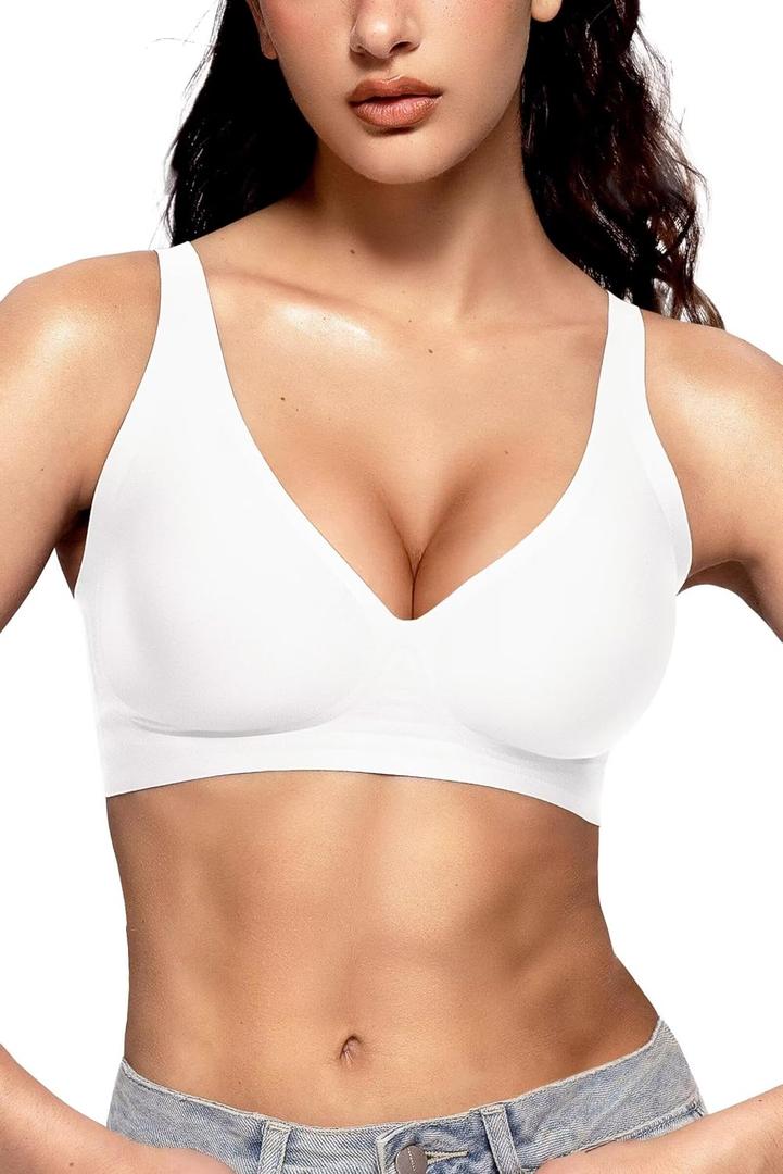 Vertvie Seamless Deep V Neck Bra for Women Wireless Comfortable Push Up Bra Invisible Underwear White (White, XXL)
