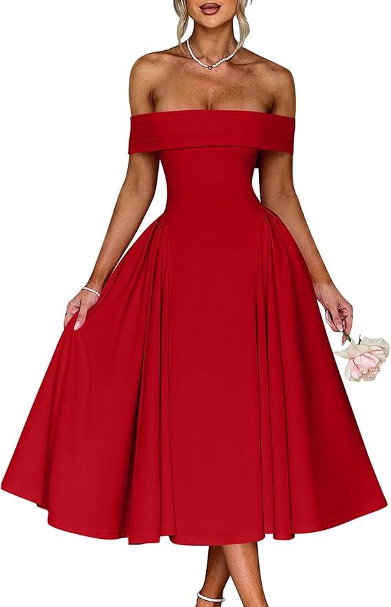YMDUCH Women's Elegant Off Shoulder Short Sleeve A line Flowy Swing Cocktail Party Long Dress S