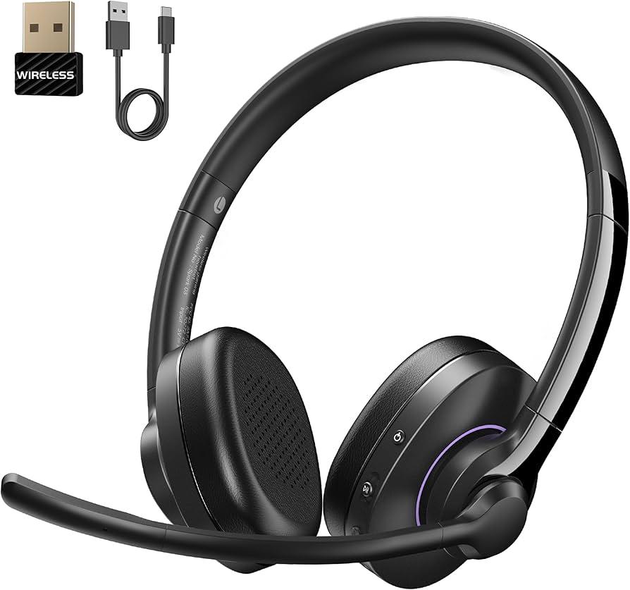 Masajoy Wireless Headset with Mic for Work, Headset Wireless Bluetooth V5.3 with AI Noise Cancelling Microphone with USB Dongle & Mic Mute for Computer PC Laptop Remote Work Home Office (Black)