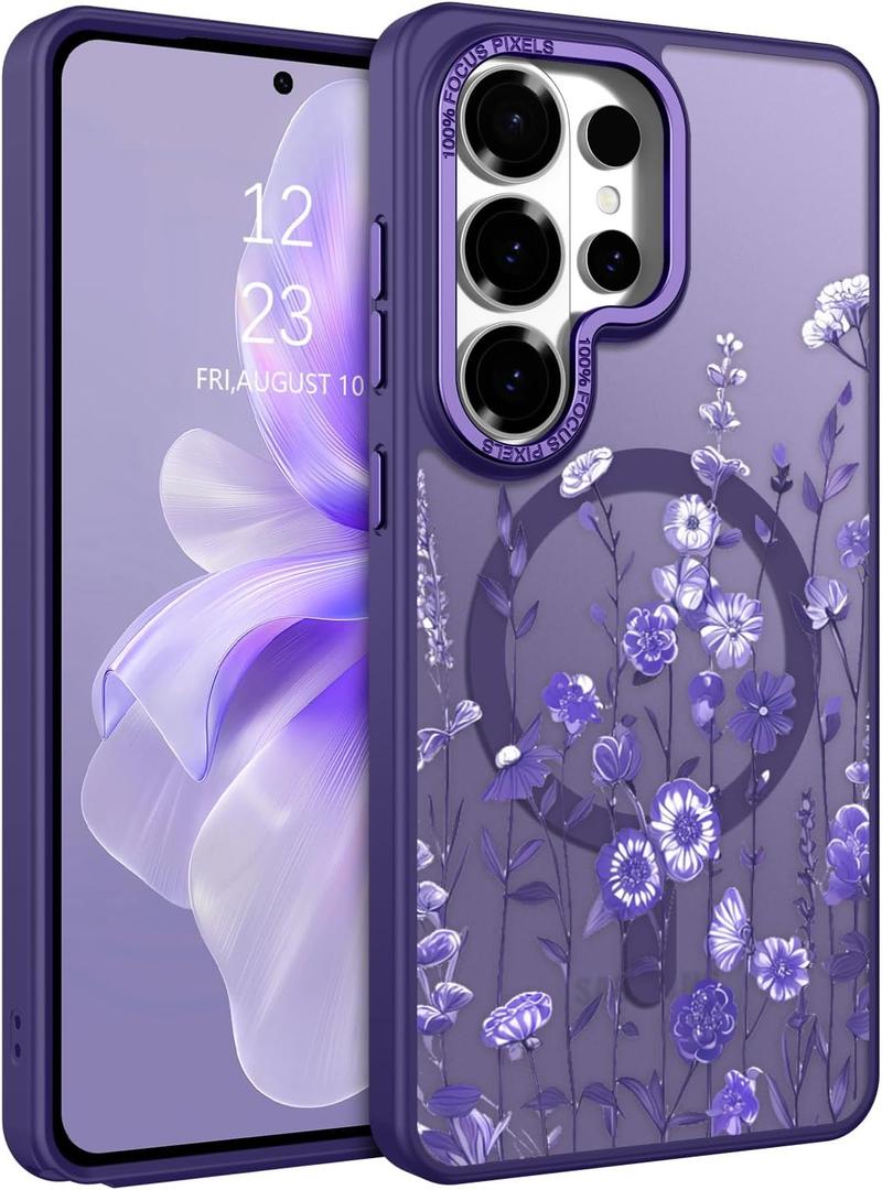 DOMAVER for Samsung Galaxy S26 Ultra Case, Magnetic Phone Case for Samsung S26 Ultra [Compatible with MagSafe] Slim Fit Flowers Floral Design Shockproof Protective Bumper Women Girls Cover- Purple