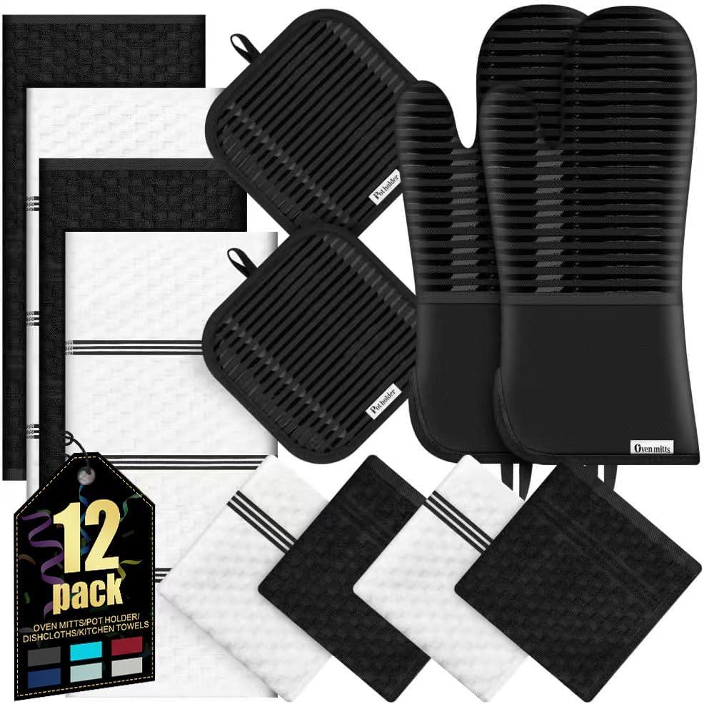 Oven Mitts Kitchen Towels and Dishcloths with Pot Holders Sets, Oven Gloves Hot Pads 500F Heat Resistant with Silicone Grip, Include 2 Cooking Gloves/2 Potholders/4 Kitchen Towels/4 Dish Towels