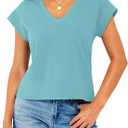GKBK Womens Cotton Tops Cap Short Sleeve Crop V Neck T Shirts Boxy Casual Basic Spring Summer Tee (Blue, M)