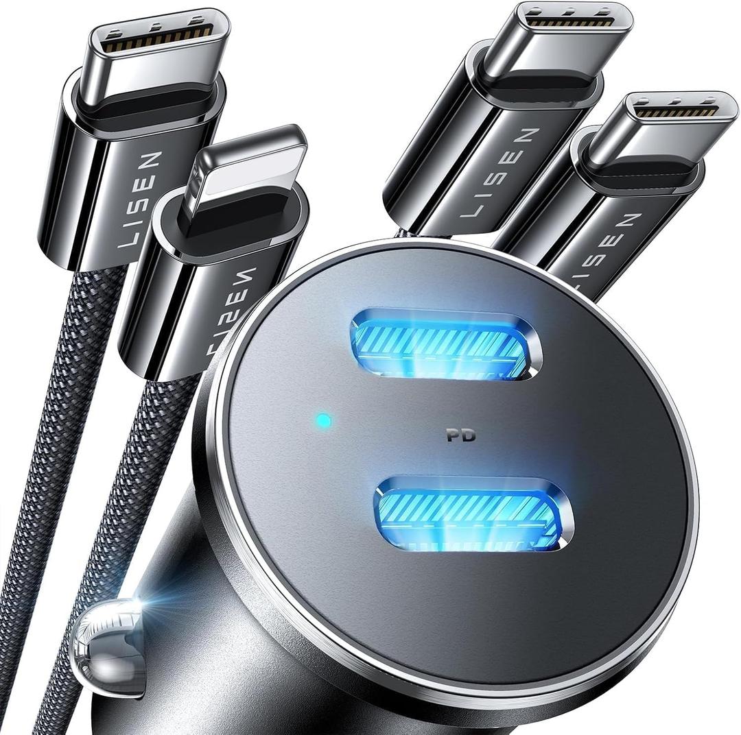 LISEN 90W USB C Car Charger Fast Charging for iPhone 17 Car Charger USB C Fast Charge, Type C Car Charger for iPhone 17 Pro Max 16 15 14 13 12, for Samsung S26[Lighning&USB-C]Auto Replacement Sockets
