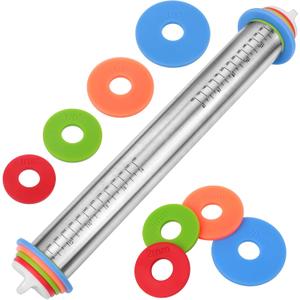Adjustable Rolling Pin with Thickness Rings for Baking, Stainless Steel Designs Dough Roller Pins for Cookie Decorating Baking Supplies Fondant Cake Baker (Silver)