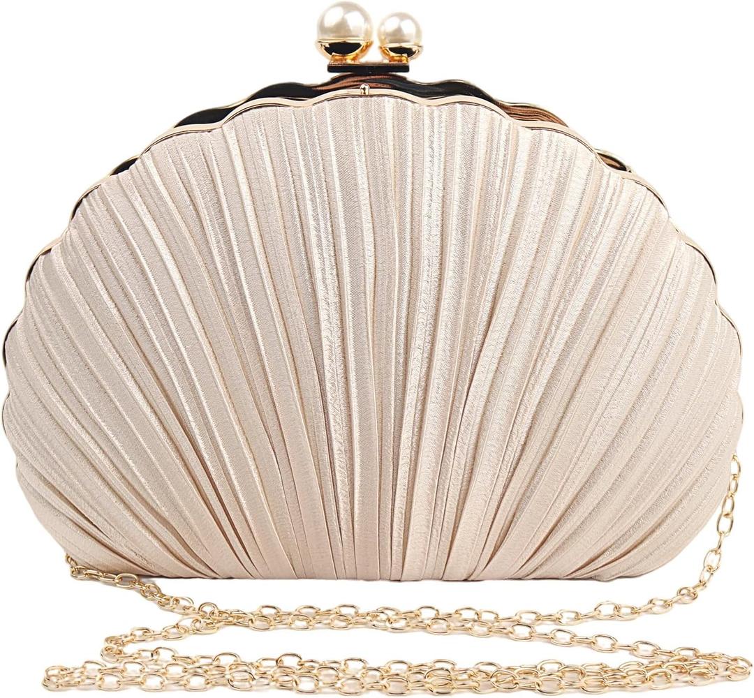 Women Mini Pleated Seashell Evening Clutch Handbag,Clutch Bag,Pearl Clutch,With Chain Strap, Seashell Champagne