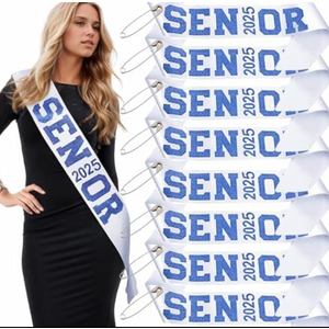 Wecrocs Senior 2025 Sashes, White with Royal Blue Glitter Letters, Graduation Party Supplie, Celebration sash 8PCS