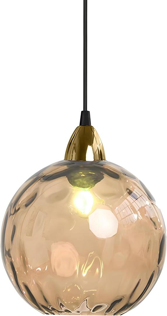 15cm/5.9’’ Industrial Vintage Spherical Glass Pendant Light, E26 Ceiling Hanging Lamp, Gold Finish & Ripple Glass Globe Shade, Dining Room Bedroom Chandelier (Amber)