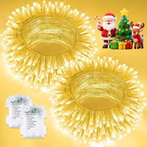 2 Pack Christmas String Lights Battery Operated with Timer, 66FT 200 LED Waterproof Twinkle Lights, 8 Modes Fairy Light for Indoor and Outdoor Bedroom Garland Tree Christmas Decorations (Warm White)
