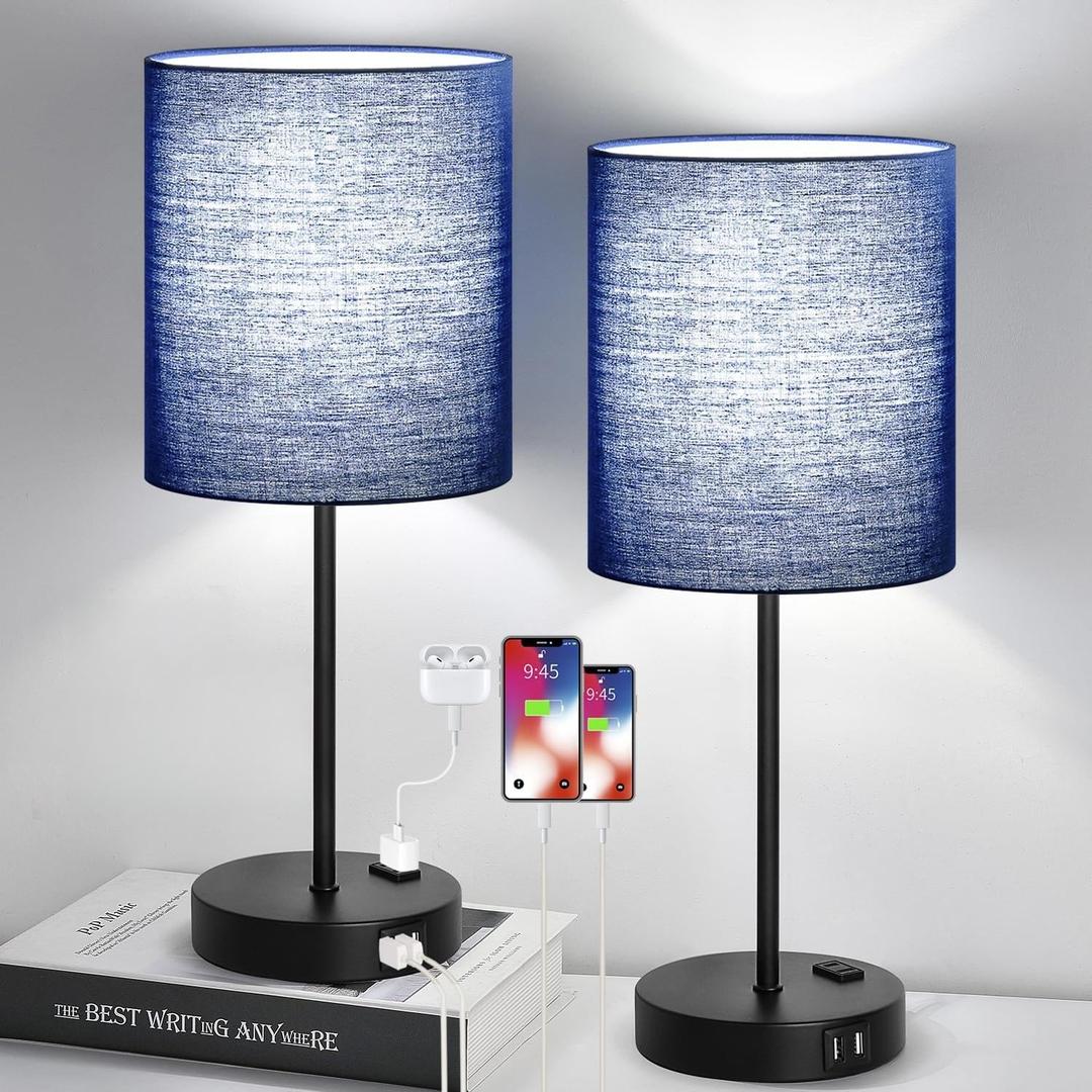 Lynnoland 2 Pack Touch Control Table Lamps with 2 USB & AC Outlet, 3-Way Dimmable Bedside Nightstand Lamps for Bedroom Living Room Nursery, 800 Lumens 5000K Daylight Bulbs Included