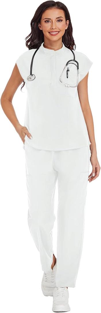 Scrubs for Women Set - Stand-Up V-Neck Scrub Top & Straight-Leg Pants with 5 Pockets,Women's Scrub Set, Size S (White)