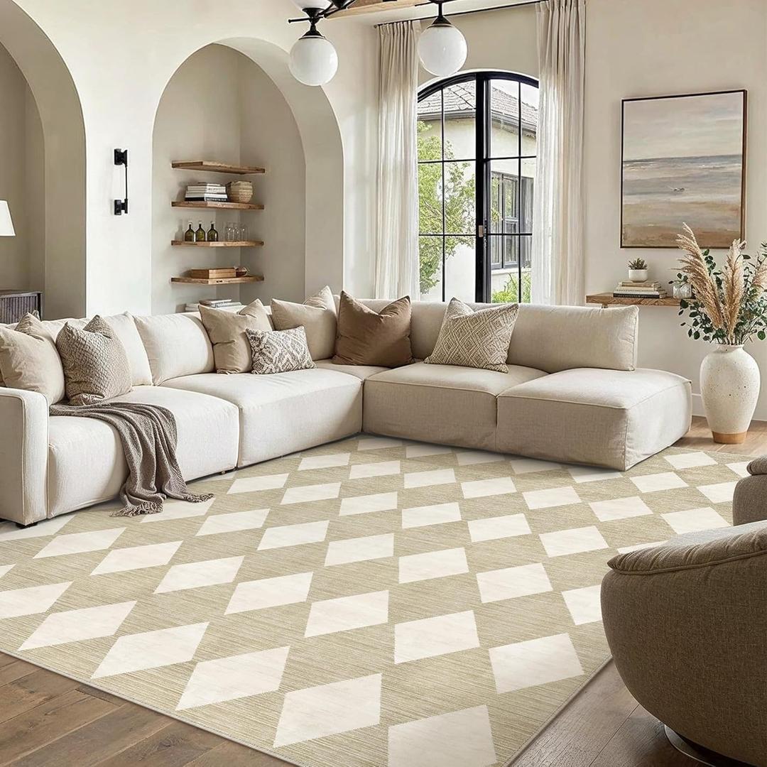 8x10 Checkered Area Rugs for Living Room Beige Machine Washable Large Rug Non-Slip Stain Resistant Low Pile Boho Accent Indoor Throw Carpet for Bedroom Dining Room Home Aesthetic Decor
