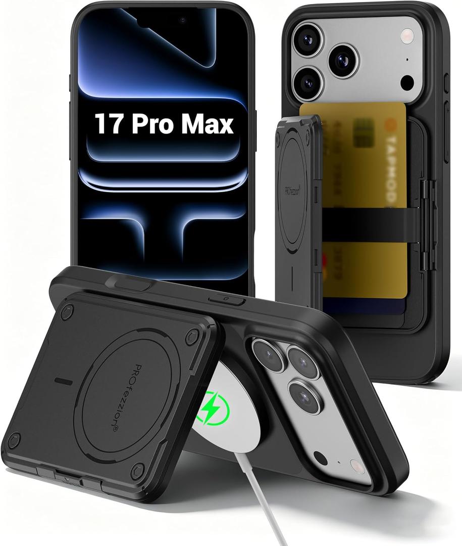 PROfezzion for iPhone 17 Pro Max Case Wallet 3-Card Holder with MagSafe, Triple-Sided Magnets, RFID Blocking, Wireless Charging, Kickstand, Drop Protection Rugged Magnetic Case Protector - Black