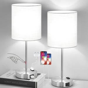 Lynnoland Set of 2 Touch White Table Lamps with 2 USB Ports & AC Outlet, 3-Way Dimmable Bedside Nightstand Lamps for Bedroom Living Room Nursery, 800 Lumens 5000K Daylight Bulbs Included