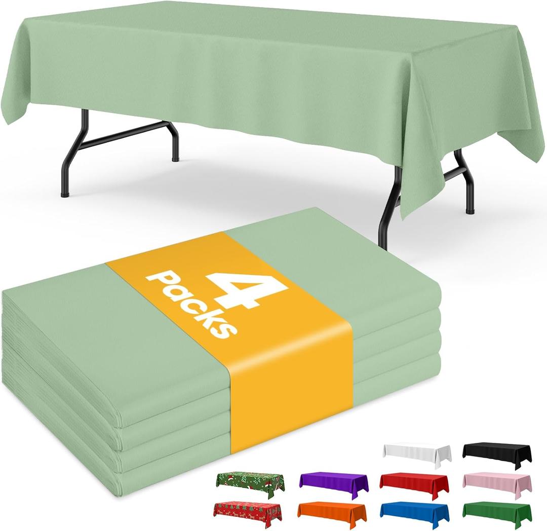 Sage Green Plastic Table Cloth - 4 Pack 54"  108" Rectangle Disposable Tablecloths for 6FT Tables, Table Cover for Party, Holiday & Gathering Use